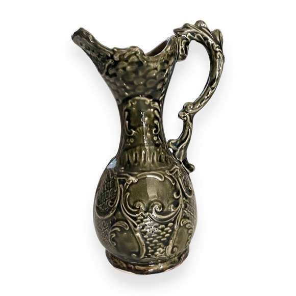 Majolica Ewer Ceramic Floral Pottery Vase Pitcher England Blue Color‎ Vintage - Picture 2 of 6